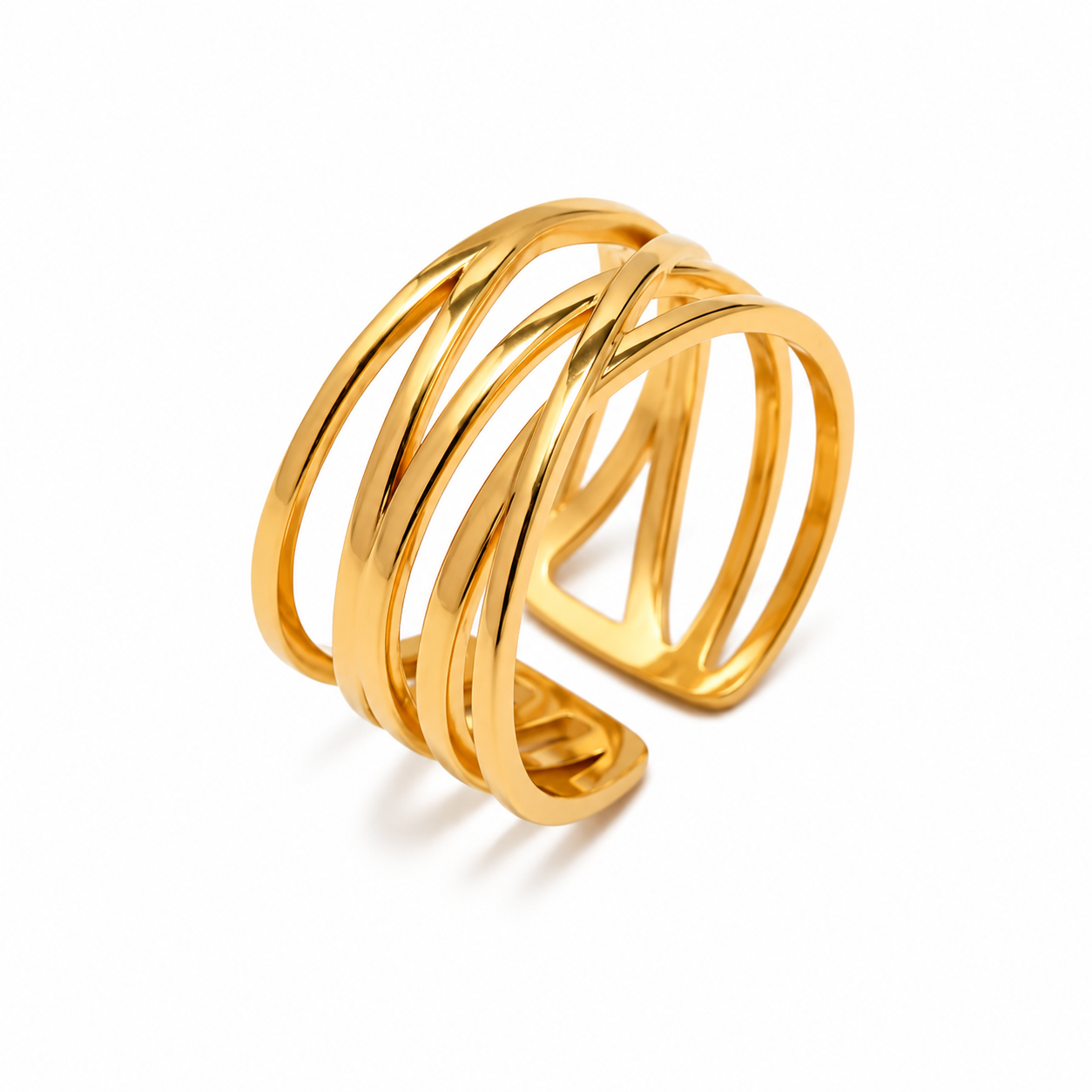 Gold bracelet with interlocking loops on a white background